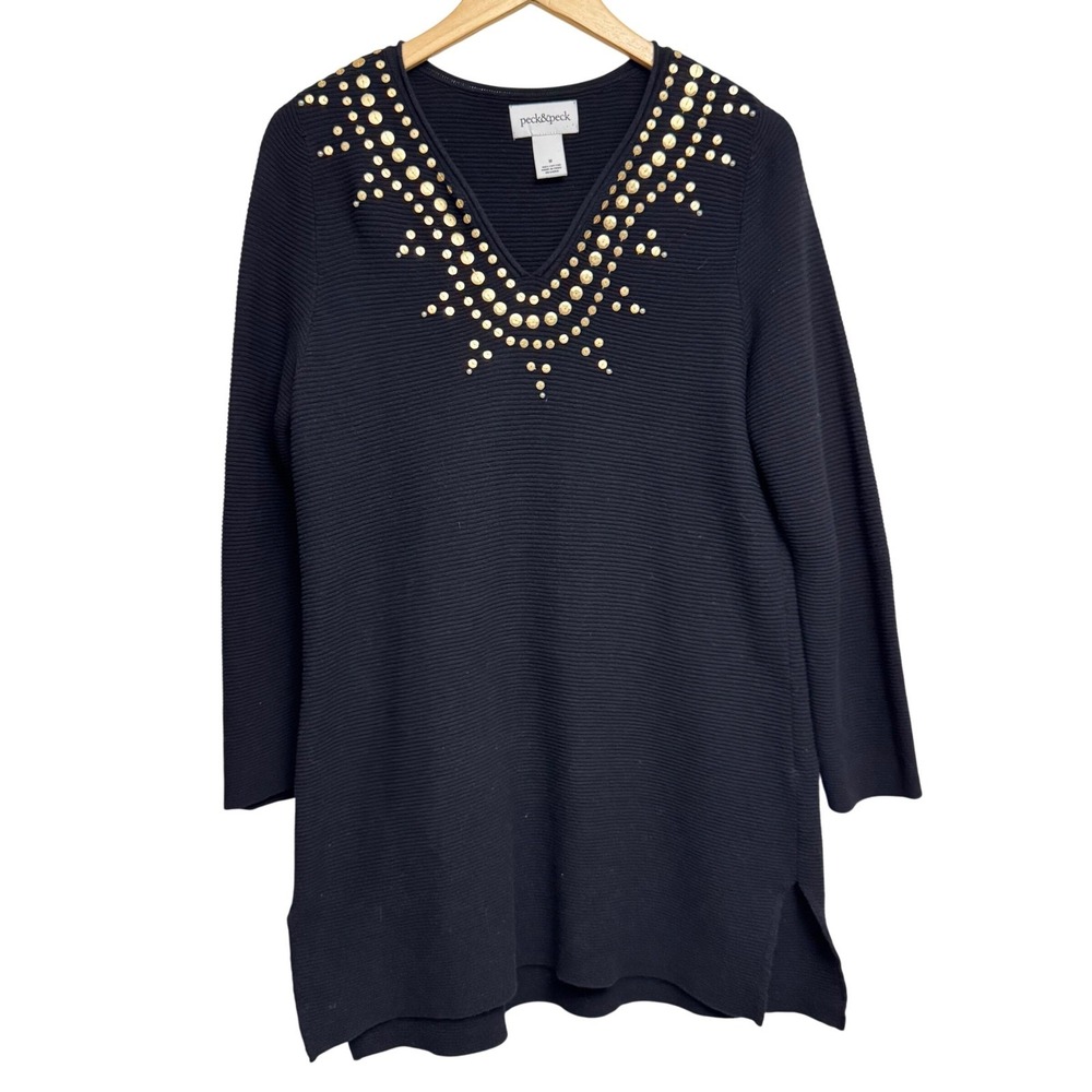 Peck & Peck Tunic Top‎ Medium Gold Embellishments V Neck Long Sleeve Knit Black